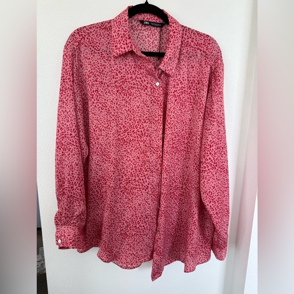 Zara Tops - ZARA Pink Leopard Print Button-Up Shirt